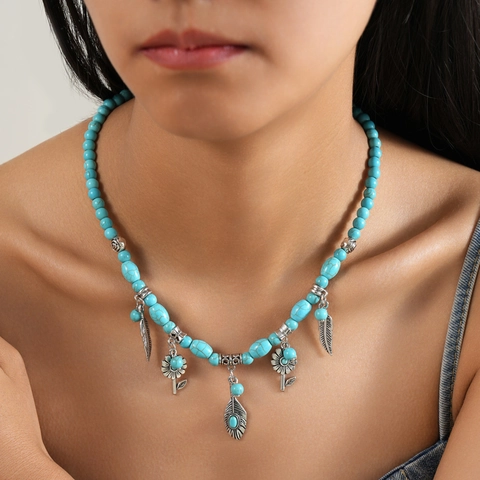 Bohemian Ethnic Turquoise Long Sweater Chain Featuring Vintage Silver Alloy Feather And Sunflower Pendants For Women Jewelry