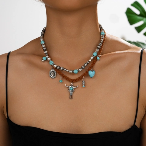 Western Cowboy Bull Head Alloy Pendant Necklace Bohemian Layered Artificial Turquoise Beaded Retro Ethnic Women Jewelry