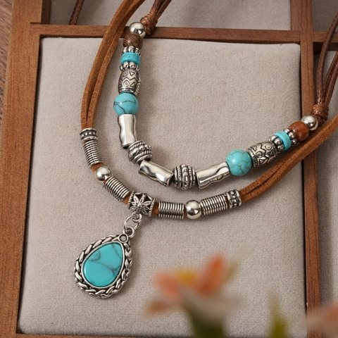 Vintage Bohemian Multi Layer Woven Leather Cord Necklace And Bracelet Set Ethnic Heart Butterfly Pendant Jewelry For Women
