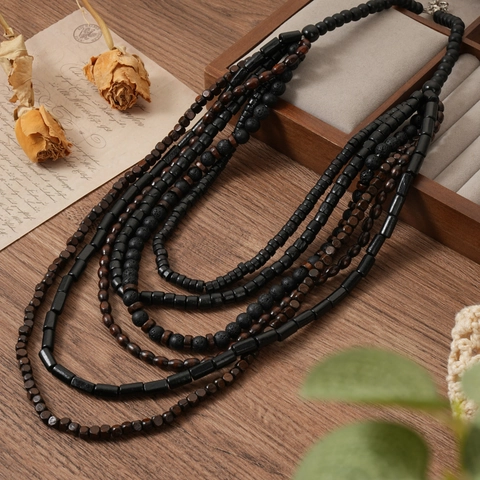 Men Vintage Multi-layered Volcanic Stone Wood Bead Necklace Bohemian Ethnic Style Handmade Black Brown Layered Jewelry For Men