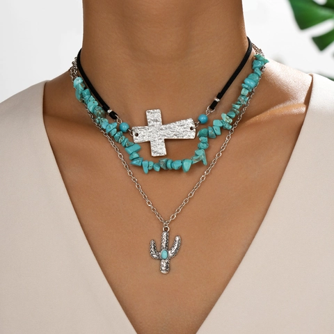 Bohemian Retro Turquoise Cross Cactus Multi Layer Pendant Necklace Alloy Handmade Vacation Jewelry For Women Girl Gift