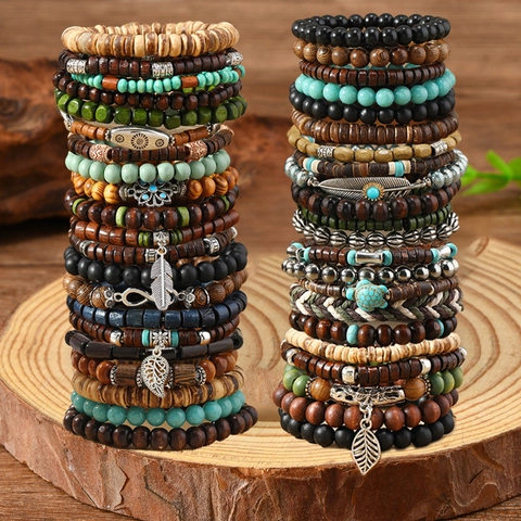 Braccialetto da Uomo in Perline Bohemien Fatto a Mano Set Multistrato Legno Guscio di Cocco Turchese Sintetico Elastico Gioielli Etnici