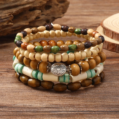 Boho Holzperlen Armband Legierung Anhänger Schmetterling Lebensbaum Vintage Ethnisch Lagen Elastisch Handgemacht Armreif