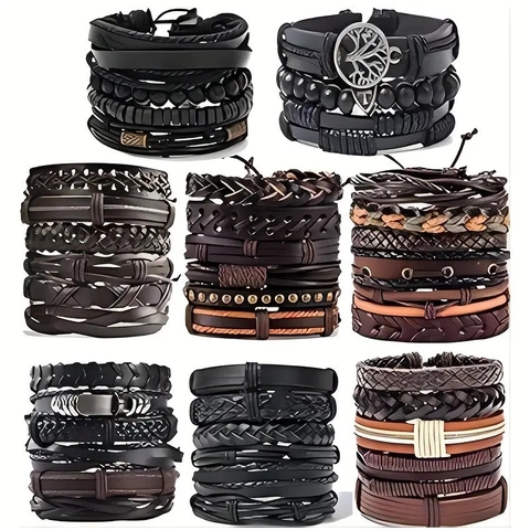Bracciali in Pelle Intrecciata Retro per Uomo Donna Multistrato Stile Etnico Perline in Legno Ciondolo Albero della Vita Gioielli