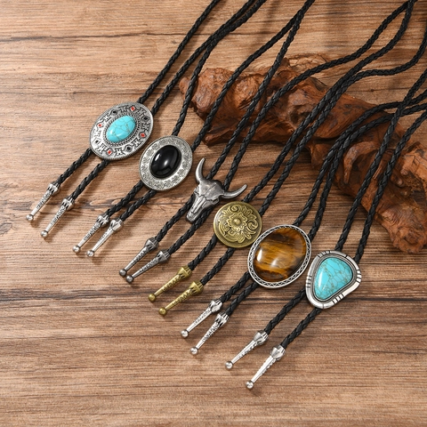 Vintage Western Bolo Tie Für Herren Damen Zinklegierung Künstlicher Türkis Anhänger Handgefertigt Geflochtenes Lederseil Cowboy Krawatte