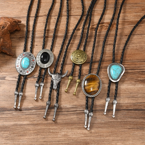 Vintage Western Bolo Tie Für Herren Damen Zinklegierung Künstlicher Türkis Anhänger Handgefertigt Geflochtenes Lederseil Cowboy Krawatte