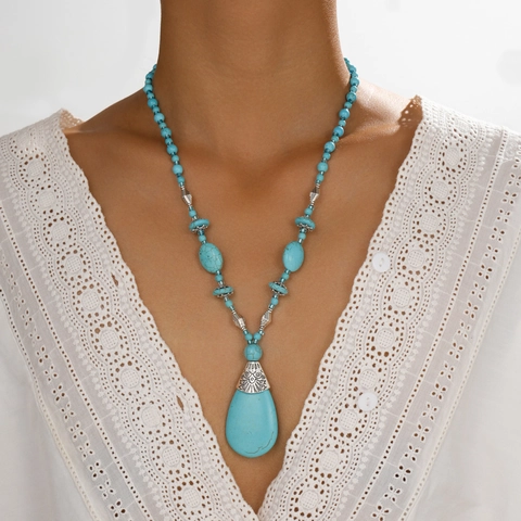 Bohemian Türkis Perlenkette Für Damen Vintage Antik Versilbert Tränentropfen Anhänger Ethno Stil Schmuck Accessoire
