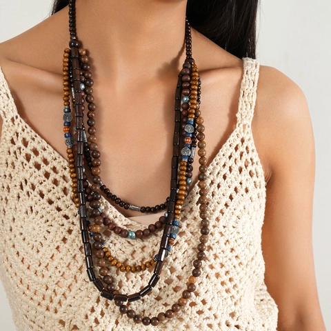 Vintage Ethno Mehrlagige Holz Perlenkette Boho Handgemachte Türkis Holzperle Lange Gelaagte Halskette Für Damen Herren