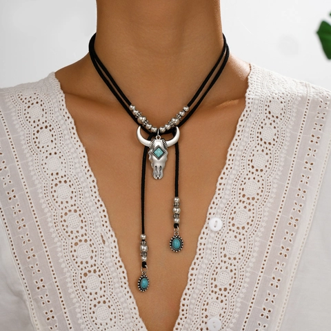 Collar de Lazo Bolo Occidental Vintage Cráneo de Toro para Mujeres Hombres Aleación Gamuza Turquesa Artificial Joyería Étnica
