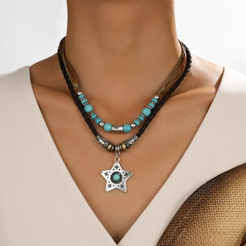 Bohemian Layered Leather Necklace For Men Women Vintage Star Pendant Artificial Turquoise Ethnic Style Adjustable Cord Jewelry