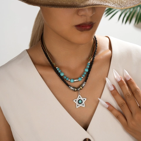 Bohemian Layered Leather Necklace For Men Women Vintage Star Pendant Artificial Turquoise Ethnic Style Adjustable Cord Jewelry