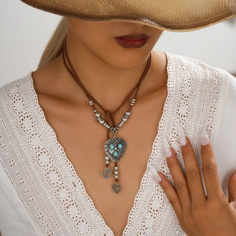 Collar con Colgante de Corazón de Aleación Vintage Bohemio Con Cuentas de Turquesa Artificial Cordón de Gamuza Marrón Joyería