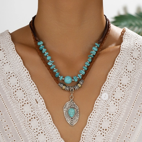 Bohemian Double Layered Necklace Leaf Pendant Artificial Turquoise Beaded Retro Ethnic Style Leather Rope Jewelry For Women