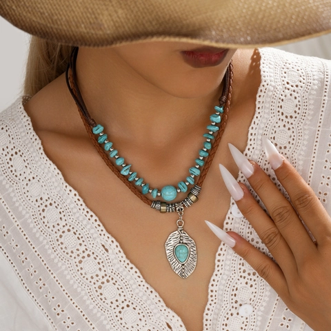 Bohemian Double Layered Necklace Leaf Pendant Artificial Turquoise Beaded Retro Ethnic Style Leather Rope Jewelry For Women