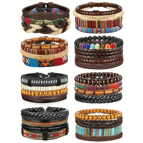 Set Braccialetti Multistrato Uomo Vintage Fatto a Mano in Pelle Cordino Cerato Perline Legno Pietra Naturale Etnico Regolabile