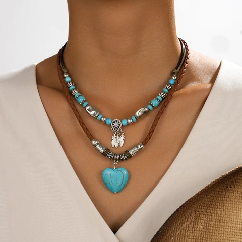 Collar de Doble Capa Bohemio para Mujer Colgante de Turquesa Artificial Corazón Amuleto de Pluma Cuero Trenzado Aleación Joyería Étnica