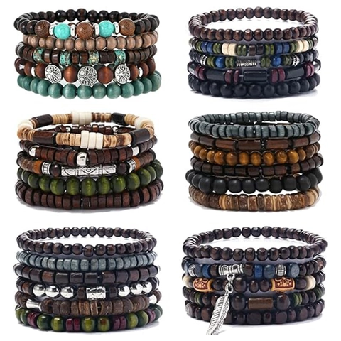 Set Di Bracciali Regolabili In Perline Di Legno Per Uomo Donna Boho Vintage Albero Della Vita Ciondoli A Piuma Gioielli