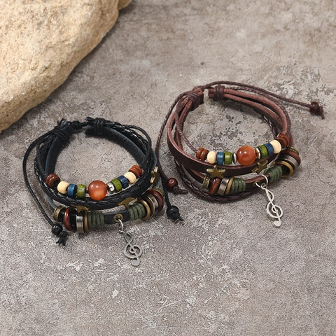 Vintage Multilayer PU Leather Bracelet Alloy Music Note G-Clef Star Pendant Woven Hemp Rope Wood Beads Adjustable Unisex Jewelry
