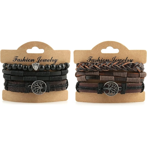 Men Vintage Multi-layered Woven Leather Bracelet Tree Of Life Cross Pendant Alloy Wood Bead Wax Rope Adjustable Jewelry