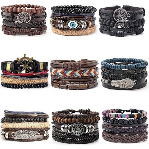 Bracciale Multistrato in Pelle di Vacchetta Vintage da Uomo in Corda Cerata Intrecciata Perline di Legno Albero della Vita Piuma