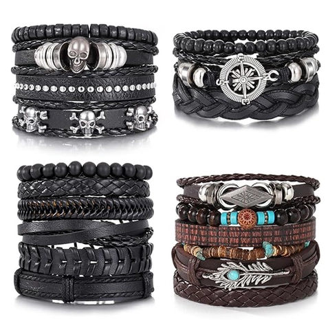 Vintage Mehrlagiges Lederarmband Totenkopf Feder Kompass Anhänger Verstellbar PU-Leder Legierung Holz Herren Modeschmuck