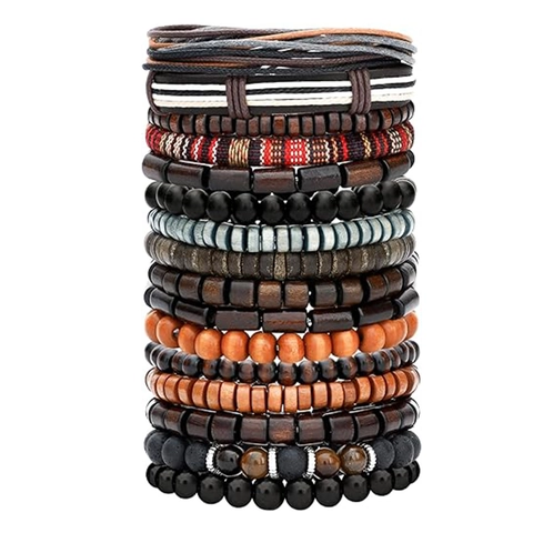 16Pcs Men Braided PU Leather Bracelet Set Handmade Ethnic Retro Wood Bead Adjustable Multilayer Bohemian Style Jewelry Gift