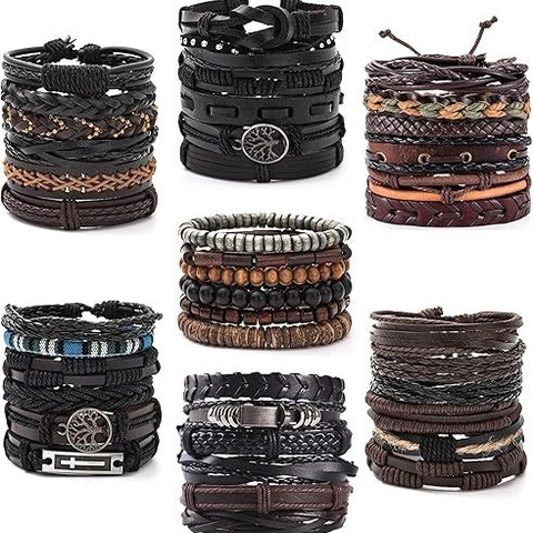 Bracciale in Pelle Intrecciata a Mano Stile Etnico Retrò Albero Della Vita Croce Regolabile Multistrato Unisex Gioielli