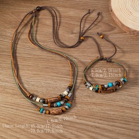 Vintage Ethnisch Mehrlagig Holzperlen Gewebt Halskette Armband Set Böhmisch Handgemacht Wachsschnur Schmuck Damen Herren