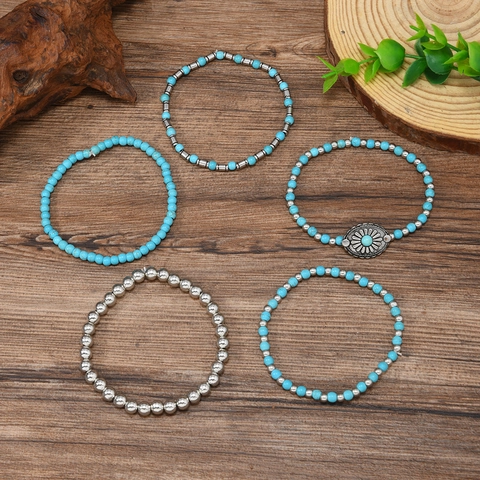 Bohemian Turquoise Beaded Bracelets For Women Vintage Silver Color Alloy Sunflower Leaf Pendant Layered Stretch Bracelet
