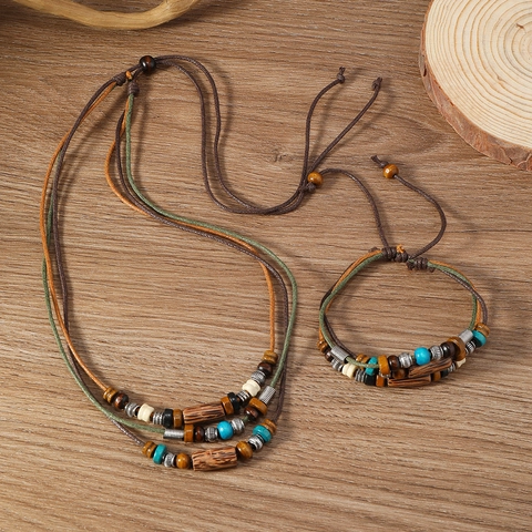 Vintage Ethnisch Mehrlagig Holzperlen Gewebt Halskette Armband Set Böhmisch Handgemacht Wachsschnur Schmuck Damen Herren