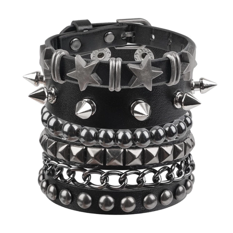 Punk Gothic Uomo Pelle Rivetto Braccialetto Set Con Punte Stelle E Teschio Regolabile Hip Hop Rock Cinturino Multistrato Gioielli