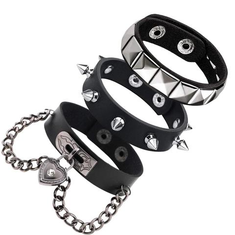 Punk Leather Bracelet Set For Men Women Gothic Wide Cuff Bracelet With Metal Rivets Spikes Heart Lock Chain Jewelry