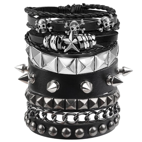 Vintage Punk Multi Layer Lederen Armband Set Voor Mannen Legering Schedel Ster Met Noppen Piramide Spike Ketting Polsband Gothic Rock Sieraden