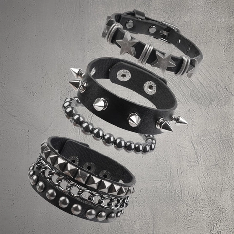 Punk Gothic Uomo Pelle Rivetto Braccialetto Set Con Punte Stelle E Teschio Regolabile Hip Hop Rock Cinturino Multistrato Gioielli