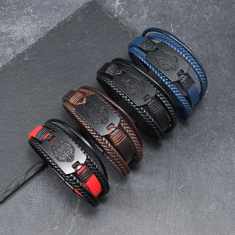 Pulsera de Cuero Trenzado de Varias Capas para Hombre Vintage Con Tótem de Lobo Hebilla Magnética de Aleación Joyería Estilo Punk