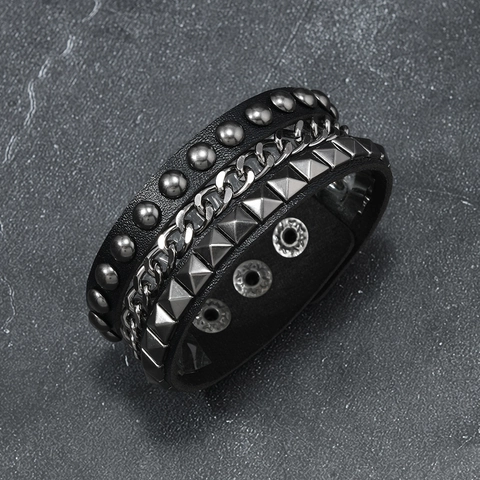 Bracciale in Pelle con Catena e Borchie Punk Rock per Uomo e Donna Artigianale in Lega Regolabile Polsino Largo Gioielli Goth