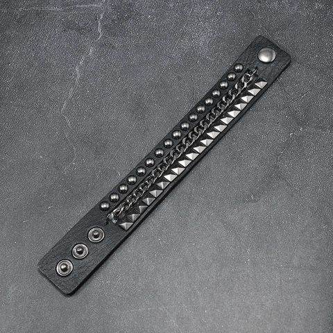 Bracciale in Pelle con Catena e Borchie Punk Rock per Uomo e Donna Artigianale in Lega Regolabile Polsino Largo Gioielli Goth