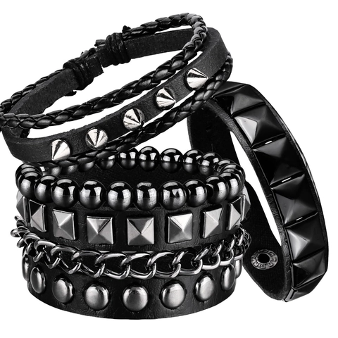 Herren Punk Leder Armband Mehrlagig Nieten Biker Manschette Gothic Rock Geflochtenes Seil Schmuck Verstellbares Armband