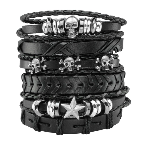 Punk Rock Herren Mehrlagiges Lederarmband Totenkopf Stern Perlen Verstellbares Geflochtenes Seil Handgefertigter Vintage Modeschmuck