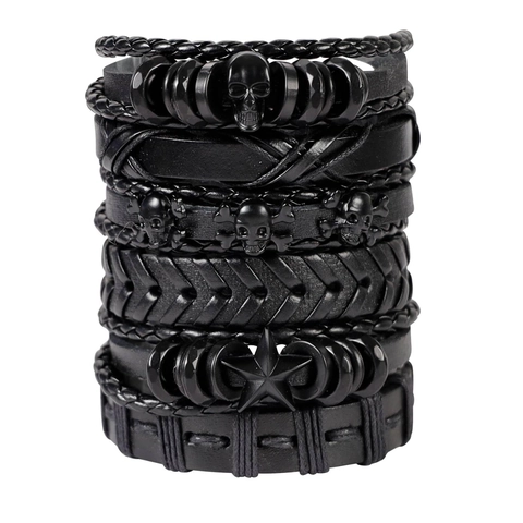 Punk Rock Herren Mehrlagiges Lederarmband Totenkopf Stern Perlen Verstellbares Geflochtenes Seil Handgefertigter Vintage Modeschmuck