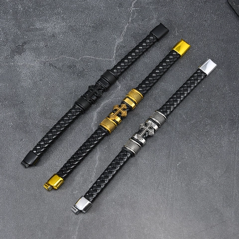Vintage Men Leather Braided Cross Bracelet Alloy Magnetic Clasp Punk Religious Jewelry Daily Party Fashion Hand Accessory