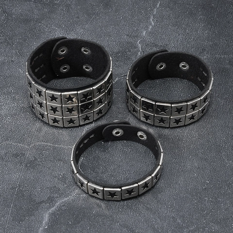 Muñequera Punk de Cuero Negro Ancha para Hombre Mujer Tachonada Estrella Remache Ajustable Rock Street Joyería Colección
