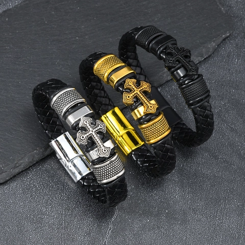 Vintage Men Leather Braided Cross Bracelet Alloy Magnetic Clasp Punk Religious Jewelry Daily Party Fashion Hand Accessory