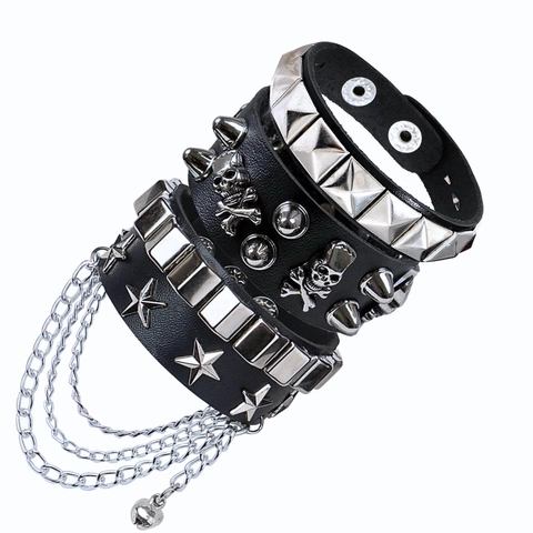 Punk Gothic Leather Bracelet Choker Combination With Skull Rivets Alloy Chains Vintage Retro Party Jewelry For Men Women