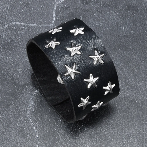 Bracciale in Pelle con Borchie a Stella Punk Rock per Uomo Donna Polsino Largo Regolabile con Bottoni in Metallo Gioielli Street Style