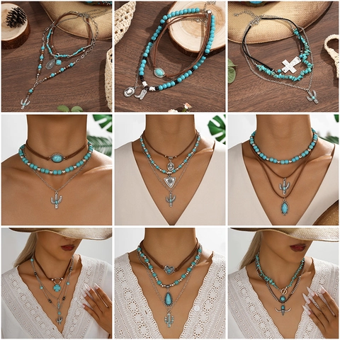 Boheems Retro Meerlagige Halsketting Set Kunstmatige Turkoois Koeienschedel Cactus Hart Hanger Leren Koord Legering Sieraden Dames