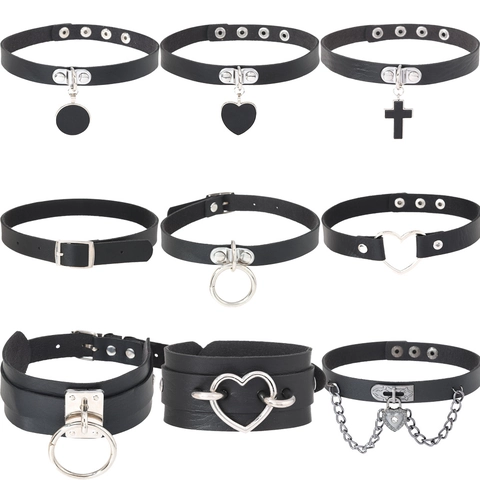 Harajuku Punk Black PU Leather Choker Necklace Heart Cross Pendant Gothic Retro Adjustable Collar For Women Fashion Jewelry