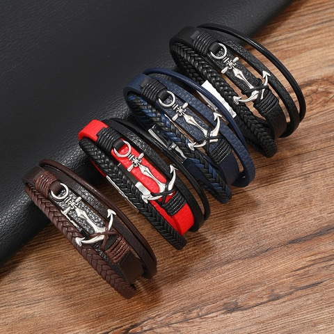 Pulsera de Cuero Trenzado de Múltiples Capas para Hombre Colgante de Ancla de Aleación Náutica Cierre Magnético Joyería de Moda Retro
