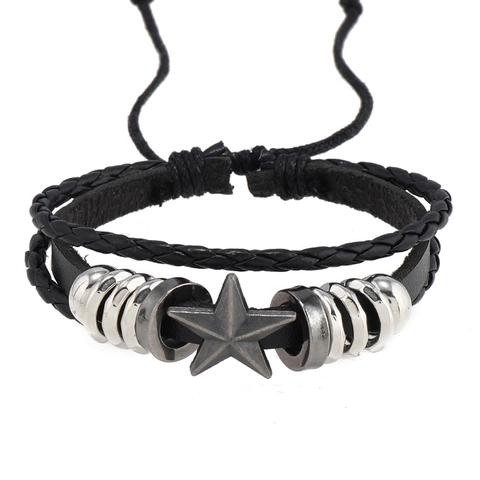Herren Retro Mehrlagiges Geflochtenes Rindleder Armband Mit Sternanhänger Aus Legierung Handgefertigter Punk Schmuck