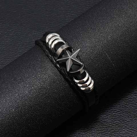 Herren Retro Mehrlagiges Geflochtenes Rindleder Armband Mit Sternanhänger Aus Legierung Handgefertigter Punk Schmuck